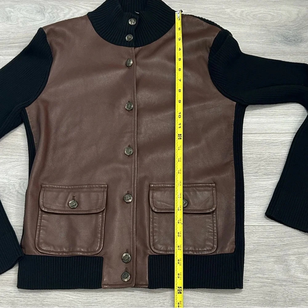 Lauren Ralph Lauren Brown Faux Leather Dark Navy (Black) Knit Cardigan - Picture 6 of 12